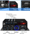 Front view of Beefy Bluetooth 5.0 HiFi Stereo Amplifier With 400W And 400W Peak Power, showing controls and inputs.