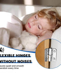 Child sleeping peacefully beside a door with 4 Pack 1.5 Inch Stainless Steel Lift Off Hinges, highlighting quiet operation.