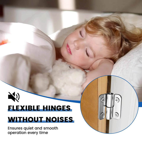 Child sleeping peacefully beside a door with 4 Pack 1.5 Inch Stainless Steel Lift Off Hinges, highlighting quiet operation.