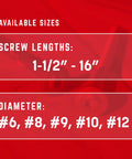 Image showing available sizes for structural screws: lengths 1-1/2" to 16", diameters #6, #8, #9, #10, #12.
