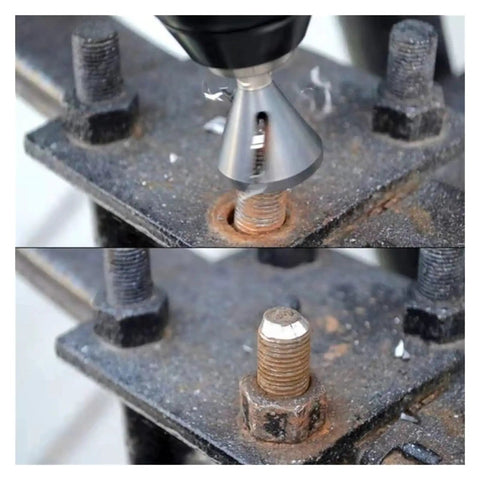 Hands Down Top Notch Chamfering Tool To Knock Out Stubborn Burrs And Smooth Rough Edges Real Fast with drill on rusty bolt.