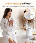 Woman in robe holding cup near Powerful H13 True HEPA Air Purifier For Large Rooms Up To 1200 Sq Ft With Fragrance Sponge, Blue Finish