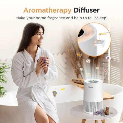 Woman in robe holding cup near Powerful H13 True HEPA Air Purifier For Large Rooms Up To 1200 Sq Ft With Fragrance Sponge, Blue Finish