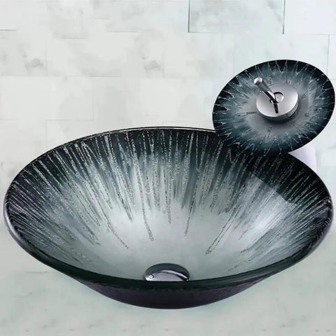 USZWBY 18'' Tempered Glass Vessel Sink,Starlight Design Artistic Bathroom Vessel Sink,Above Counter Basin Bowl top view with faucet.