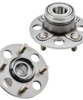 Two Piece Rear Wheel Bearing Hubs Kit For 2001 Through 2005 Honda Civic Complete Rear Assembly For Left And Right Sides 4 Bolt Design ABS Ready Replacement, showing front view of two hubs.