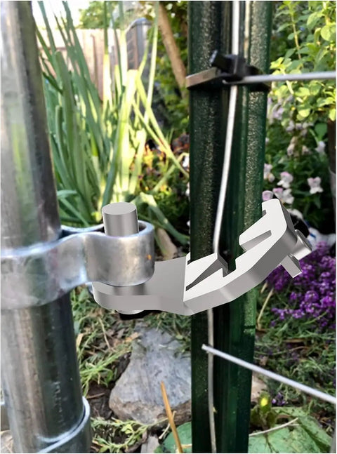 Heavy Duty T Post Gate Hinge Pins Built Tough With Rust Resistant Steel Farm Grade Target Hangers mounted on a fence post.