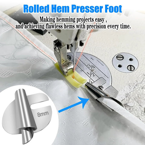 Front view of a metallic rolled hemmer foot set in use; 4-pack (7/8/9/10mm) for home sewing machines