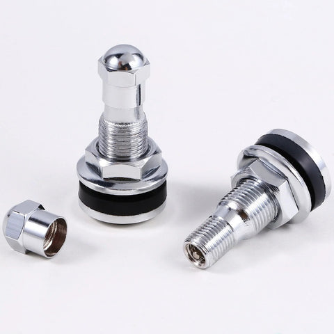 TecUnite TR-416-S chrome metal valve stems, 1-inch outer mount; includes nut and cap (two shown).