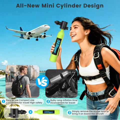 Woman holding Zero Point Five L Mini Scuba Tank DOT Certified Reusable Lung Air Tank for Underwater Breathing
