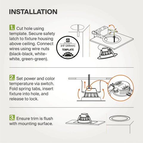 Instruction guide for installing 8 Inch Canless LED Downlight Kit With Power Adjustable 12W 20W 30W Dimmable Recessed Ceiling Light Fixture 5 Color Temperatures 2700K To 5000K 120 277V IC Rated UL Energy Star Four Pack