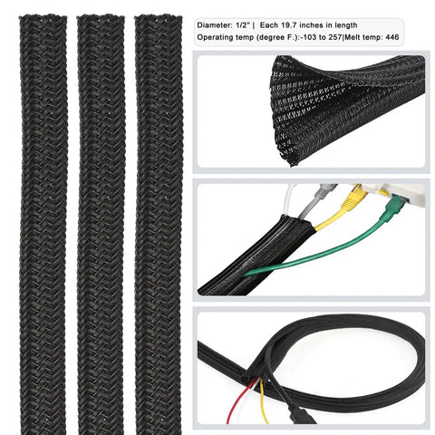 Black braided cable sleeves from Cable Management Kit 163 Piece Bundle With Wire Organizer Sleeves Self Adhesive Cable Holders