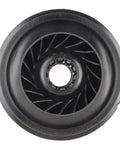 Straight Up Genuine OEM Cooling Fan Assembly Direct Drive Blade Fits Heavy Duty Trucks And Generators Made In Usa, close-up view of black direct drive cooling fan with detailed blades.