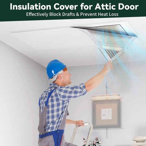 Heavy Duty Three Layer Aluminum Foam Insulation Cover For Attic Stairs And Ceiling Vents Blocks Cold Drafts Keeps Your Place Comfy Fits Up To 39 By 55 Inches, installed above an attic door by a worker.