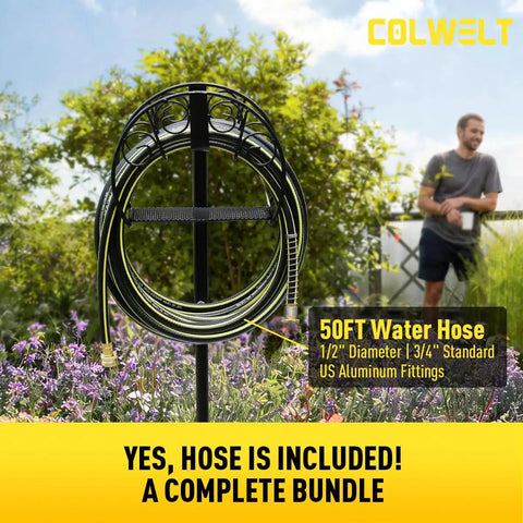 All In One Garden Hose Holder Kit With 50 Ft Hose Half Inch, Heavy Duty Freestanding Metal Stand in garden setting