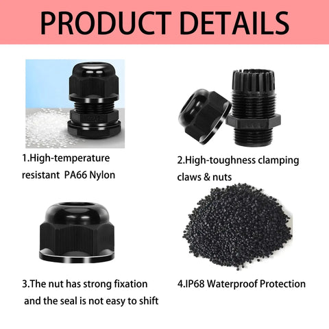 10-Pack One Half Inch NPT Black Cable Glands Waterproof IP68 Nylon Strain Relief Cord Grips 6-12mm Adjustable With Rubber Gaskets and Locknuts for Junction Boxes, PA66 nylon, black
