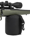 Rifle resting on Eliminator Cylinder Front Bag Filled For Shooting Stability, Grab And Go Portable Web Handle, Black.
