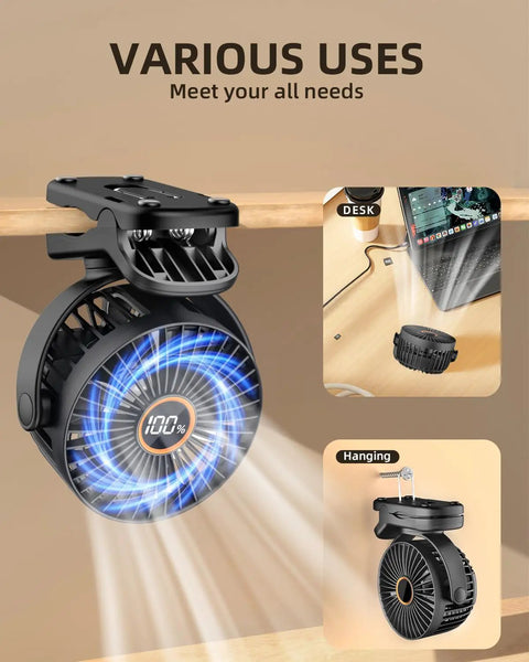 Clip On Battery Operated Mini Desk Fan With Digital Display clipped to desk, showing airflow and digital display, black, compact.
