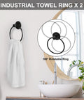 Industrial Style 10 Piece Bathroom Hardware Set Boss Black Finish with round towel ring, wall mounted, shown with towel