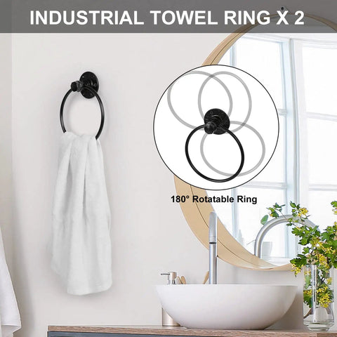 Industrial Style 10 Piece Bathroom Hardware Set Boss Black Finish with round towel ring, wall mounted, shown with towel