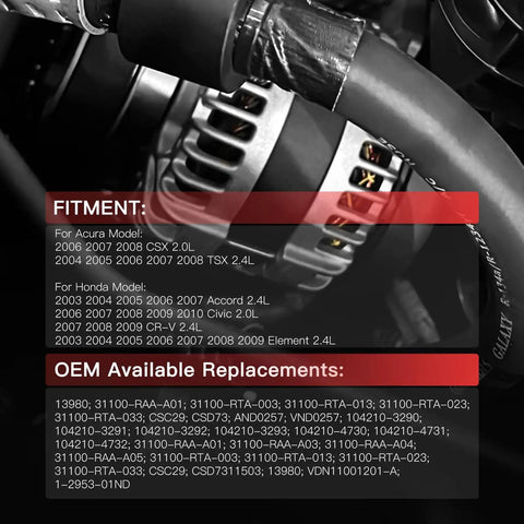 Honda 105A Alternator Direct Fit Plug And Play No Fuss For Accord 2003 To 2007 2.4L Civic 2006 To 2011 2.0L installed view