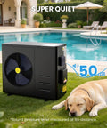 Premium 83000 Btu Electric Pool Heater For Above Ground And Inground Pools With Advanced Evi Compressor beside a dog near a pool.