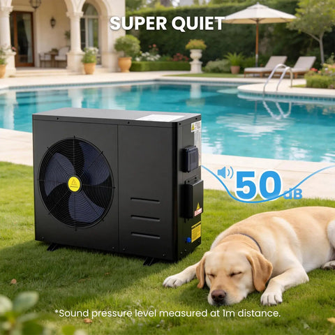 Premium 83000 Btu Electric Pool Heater For Above Ground And Inground Pools With Advanced Evi Compressor beside a dog near a pool.