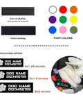 Custom Name Dog Patch 2 Pack Iron On Hook Loop Applique For Harness Vest Collar Accessories Reusable Paw Print Badge size options and color guide