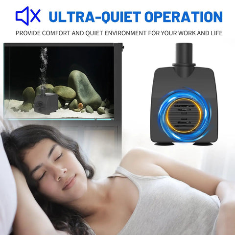 Submersible Water Pump 200GPH With Auto Shut Off And 5.2 Ft Lift displayed with sleeping person and aquarium.