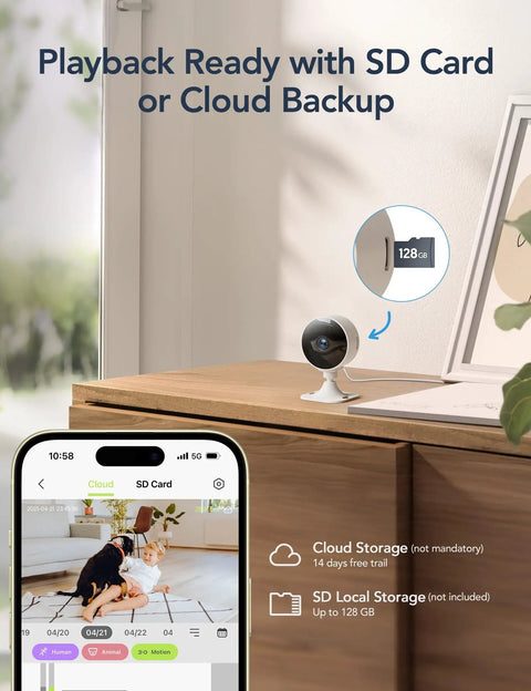 Playback features of 2.4GHz Indoor Security Camera System 1080P Home Surveillance Kit with motion detection and app control.