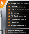 25 In 1 Precision Mini Screwdriver Set With Magnetic Tips For Glasses Laptop iPhone MacBook Computer Watch Xbox Switch And Electronics Ideal Fathers Day Gift For Men, showing tool bits list with magnetic handle.