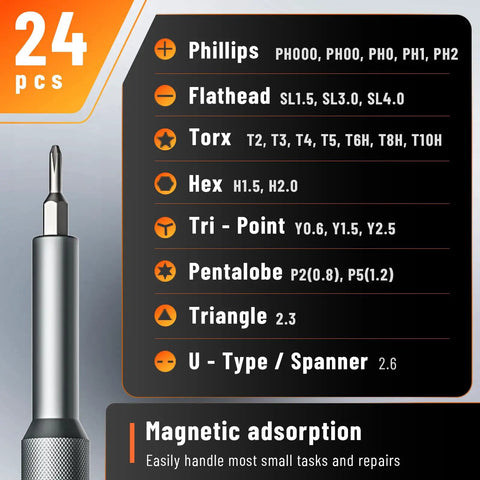 25 In 1 Precision Mini Screwdriver Set With Magnetic Tips For Glasses Laptop iPhone MacBook Computer Watch Xbox Switch And Electronics Ideal Fathers Day Gift For Men, showing tool bits list with magnetic handle.