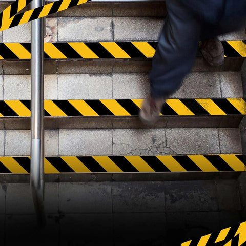2 Inch By 108 Foot Black And Yellow Floor Safety Tape With Heavy Duty Adhesive Waterproof And Tear Resistant on stairs