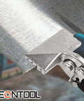 Close-up of a 3 inch sheet metal hand seamer with straight jaw bending metal, showcasing anti-rust nickel jaws and TPR handle.