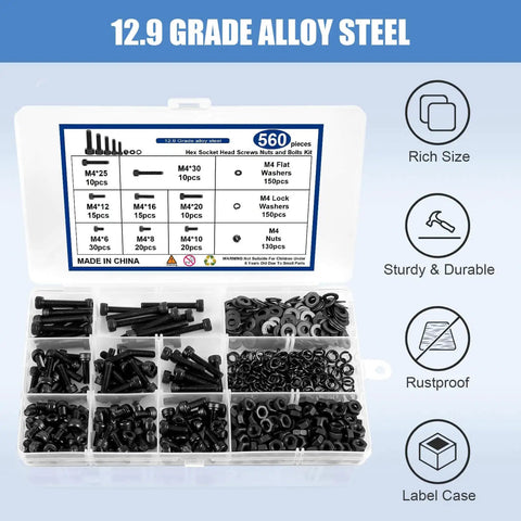 M4 Screw Assortment Kit With 130 M4 Screws And 130 Nuts, 300 Washers, Black Zinc Plated, Open Box Displaying Contents