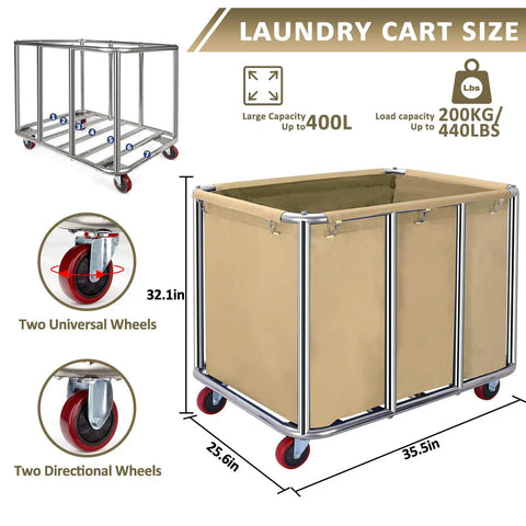 Heavy Duty Commercial Laundry Cart With Wheels Industrial Stainless Steel Linen Tote For Hotel Housekeeping, dimensions 35.5x25.6x32.1 inches.