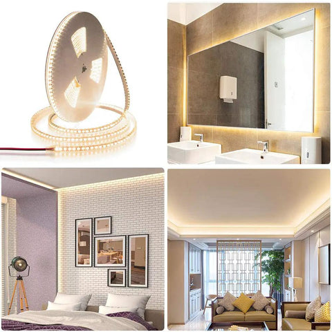 Collage of waterproof LED rope lights 32.8ft ultra bright 1200 LEDs 2835SMD 24V DC warm white in various home settings