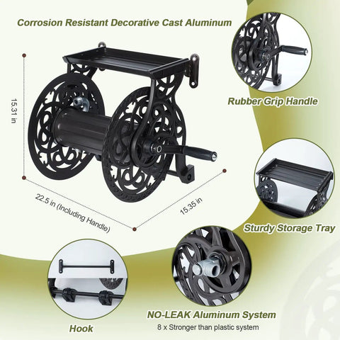 Wall Mount Garden Hose Reel For Outdoor Use, Holds Up To 125 Ft Of Five Eighth Inch Hose, Heavy Duty Aluminum Frame, Decorative Dark Bronze Finish