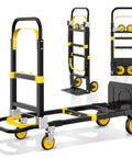 3 In 1 Convertible Hand Truck Dolly With Adjustable Handle Expandable Base And Collapsible Cart Converts Between Two Wheel Upright And Four Wheel Dolly 600 Lbs Capacity Heavy Duty Built To Haul Yellow Two Pack, folded and open views