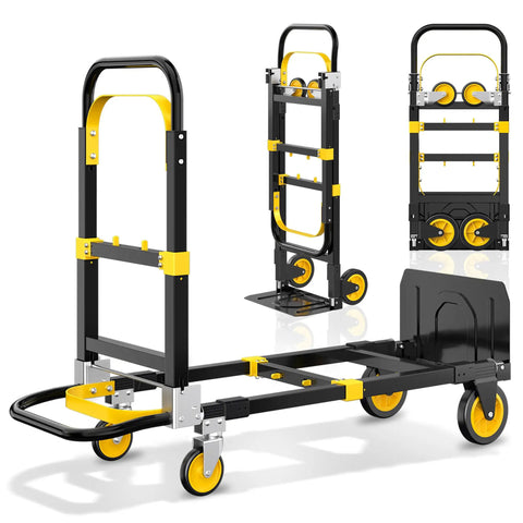 3 In 1 Convertible Hand Truck Dolly With Adjustable Handle Expandable Base And Collapsible Cart Converts Between Two Wheel Upright And Four Wheel Dolly 600 Lbs Capacity Heavy Duty Built To Haul Yellow Two Pack, folded and open views