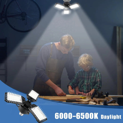 Ultra Bright 8000 Lumen 80W LED Garage Light Bulb 2 Pack With Three Adjustable Panels Daylight 6500K illuminating a workshop