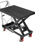 Garvee Heavy Duty Hydraulic Lift Table Cart, 1100 Lbs Capacity Scissor Hoist showing a sturdy black steel frame and swivel wheels.