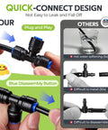 Quick Connect Drip Irrigation Fittings Kit For One Quarter Inch Tubing Garden Pots Greenhouses And Lawns With Tees Elbows And End Plugs Easy Plug And Play Installation No Tools Required, shown in use with blue disassembly button and comparison to traditional methods.