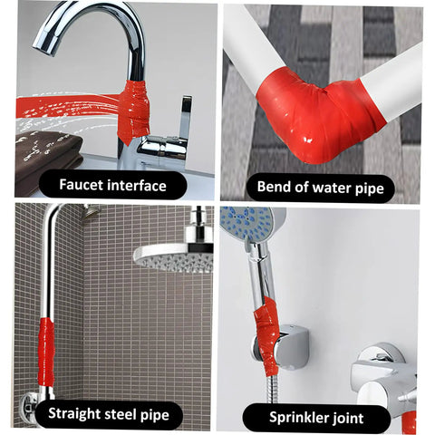 Self Adhesive Pipe Repair Tape Waterproof Sealant For Leaks DIY Friendly Insulation Airtight Fix For Pipes And Ducts Shock Resistant Leak Stop Tape shown on faucet and various pipe joints