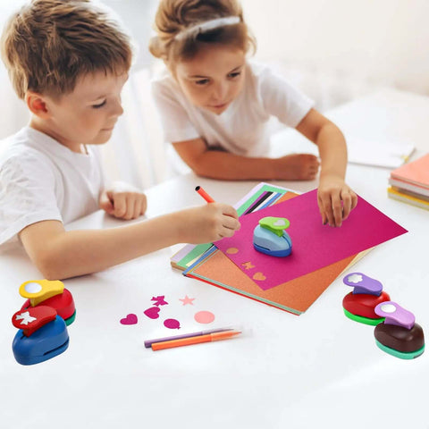 Kids using Six Shape Hole Punch Set For Kids 1 Inch Shape Punches Flower Star Heart Butterfly Balloon Circle With 20 Cardstock Sheets