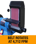 Rugged Workhorse 4X36 Belt And 9 Inch Disc Grinder With 1Hp Dual Voltage Motor showing adjustable belt rotating at 4,712 FPM.