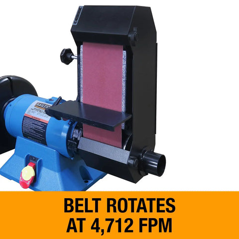 Rugged Workhorse 4X36 Belt And 9 Inch Disc Grinder With 1Hp Dual Voltage Motor showing adjustable belt rotating at 4,712 FPM.