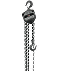 Jet 1-ton hand chain hoist with 20 ft lift; gray metal housing, top hook and hanging chain.
