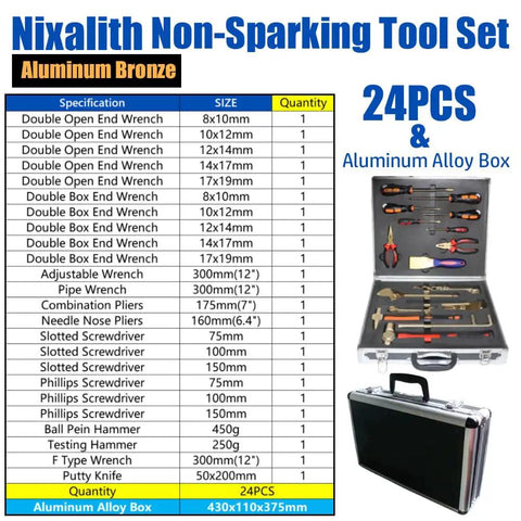 Image of Non Sparking Tool Set 24 Piece Aluminum Bronze Spark Free Kit with various tools and aluminum alloy box.