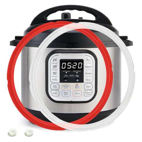 Mini 3 Qt Instant Pot Sealing Ring Set With Float Valve Caps 2 Pack Compatible With Duo Plus 3 Quart Duo Nova 3 Quart Duo 3 Quart Ultra 3 Quart LUX 3 Quart Replacement Gasket For Popular Pressure Cooker Models, red and clear silicone rings
