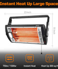 Indoor Electric Garage Heater With Ceiling Mount Radiant Quartz Heating 1500W Or 750W Work Light 23 Inch Wide